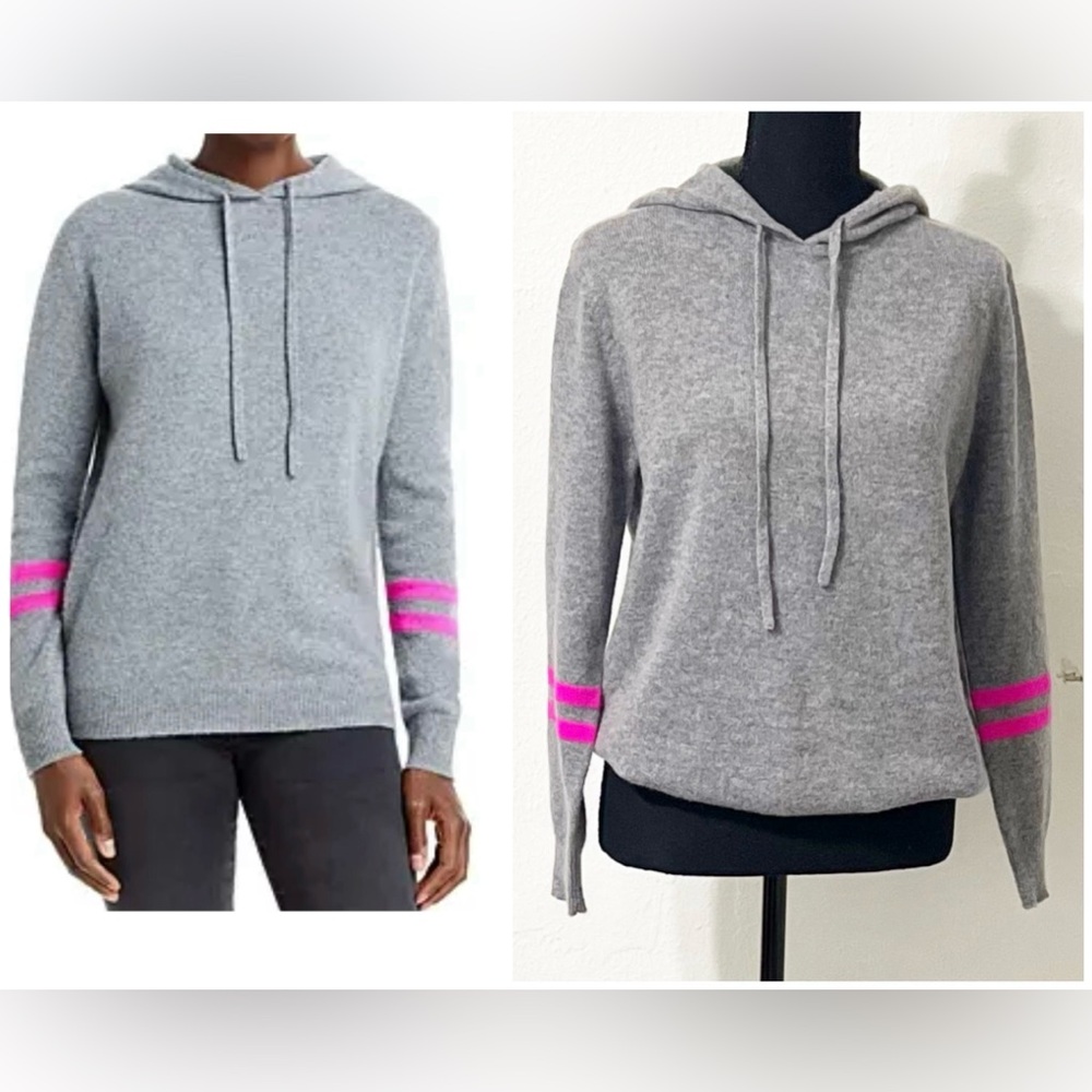 Aqua Gray 100% Cashmere Athletic Hoodie Pink Stripes Cozy Luxurious Versatile